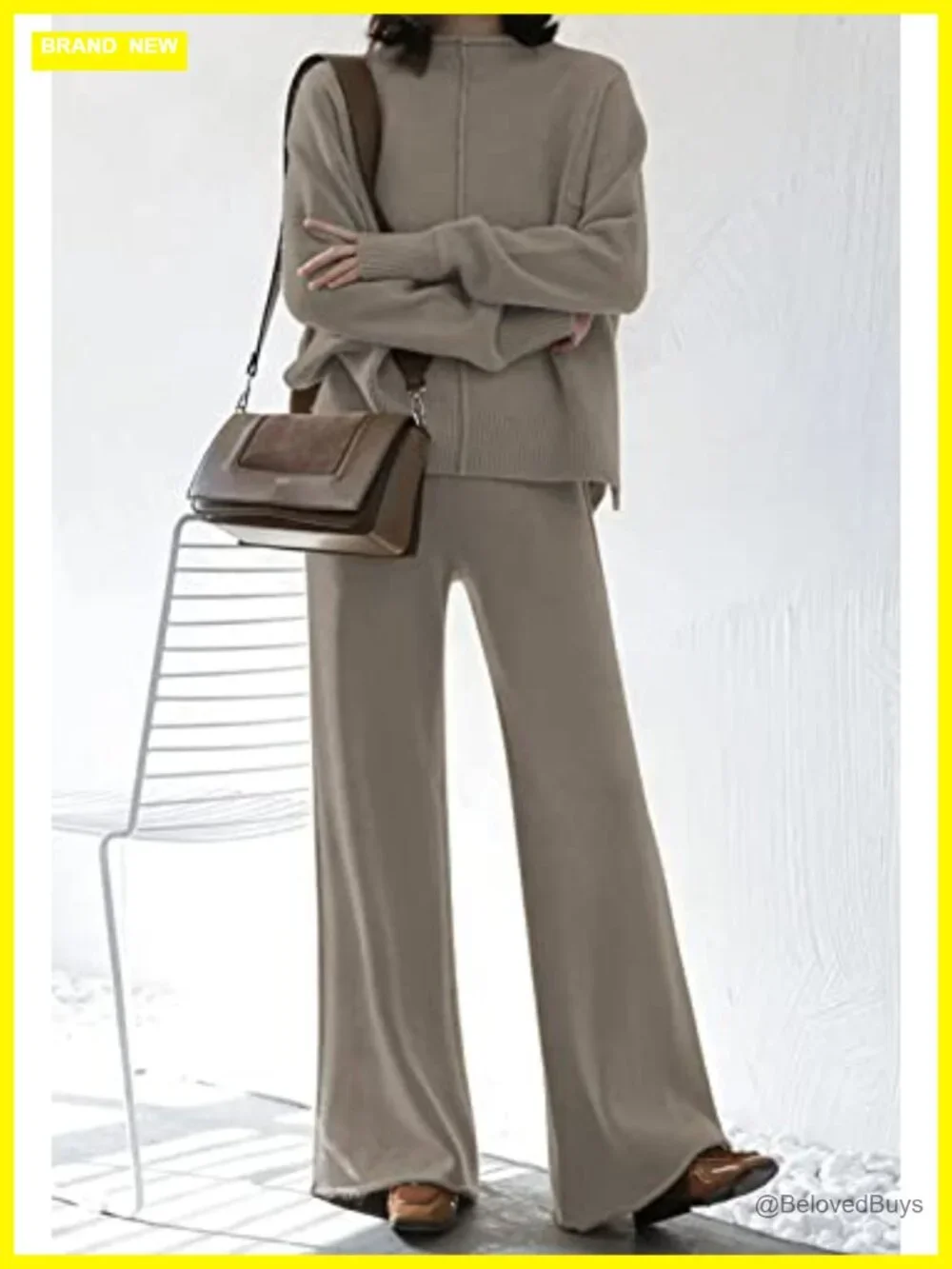 2 Piece Sweater Set High Neck Top Wide Leg Pants Loungewear - Picture 3 of 7